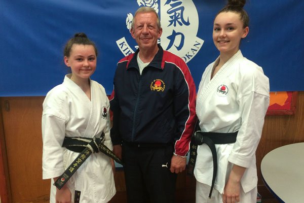 ASK Course & Dan Grading : 1st Dan - Faye Manning (left), Sensei Hazard 7th Dan (centre), 2nd Dan - Chloe Jones (right)